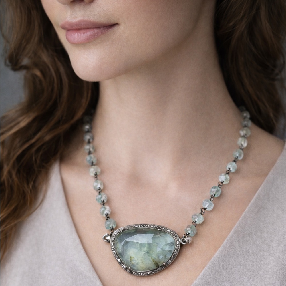 Handmade diamonds Prehnite Moss Aquamarine necklace